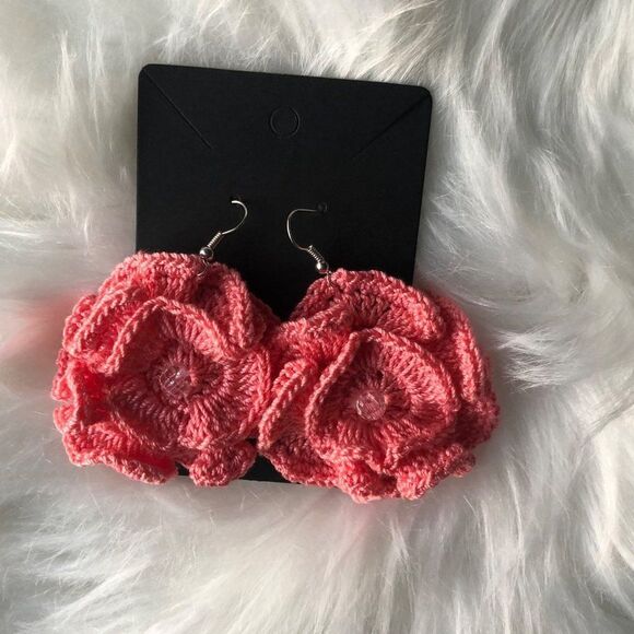 Brand New Handmade Crochet Earring Pink Flower Pattern 100% Cotton For Women - Picture 4 of 8
